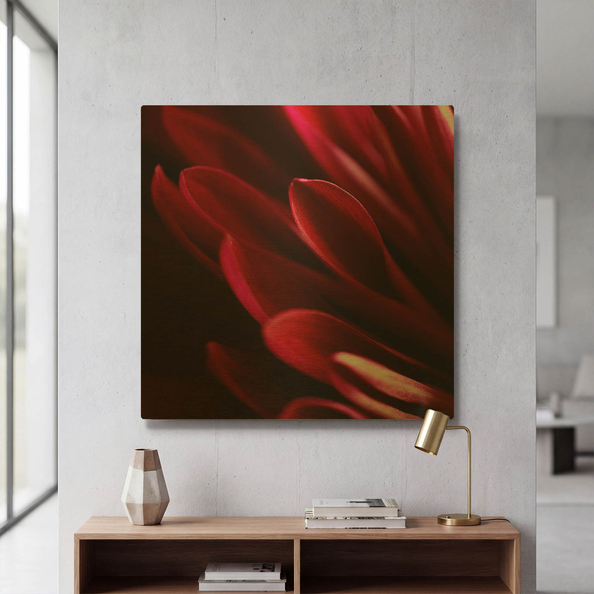 'Red Chrysanthemum Close up 01' By Tom Quartermaine Gold Metal Wall Art