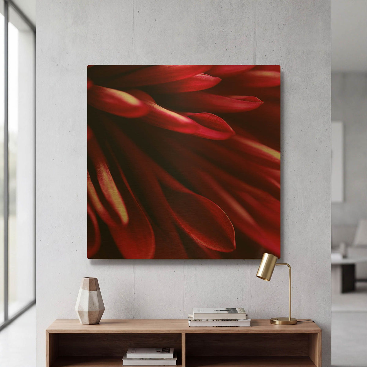 'Red Chrysanthemum Close up 02' By Tom Quartermaine Gold Metal Wall Art