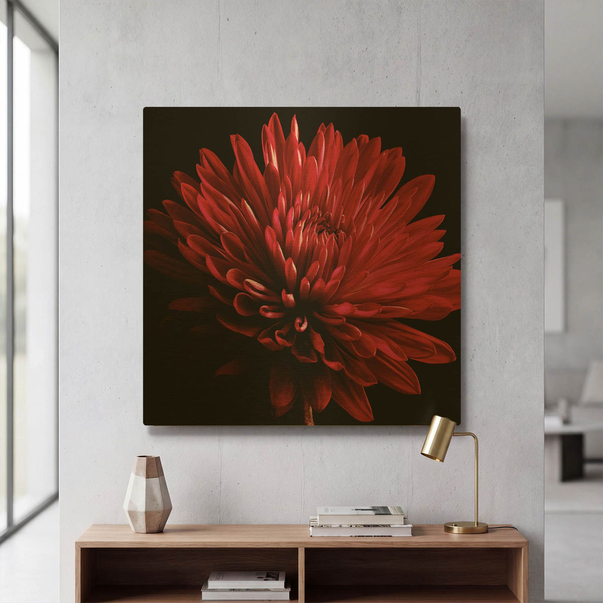 'Red Chrysanthemum on Black' By Tom Quartermaine Gold Metal Wall Art