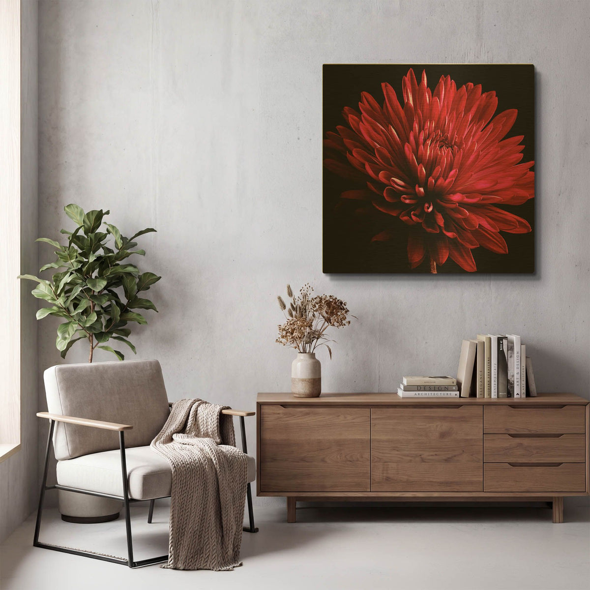 'Red Chrysanthemum on Black' By Tom Quartermaine Gold Metal Wall Art