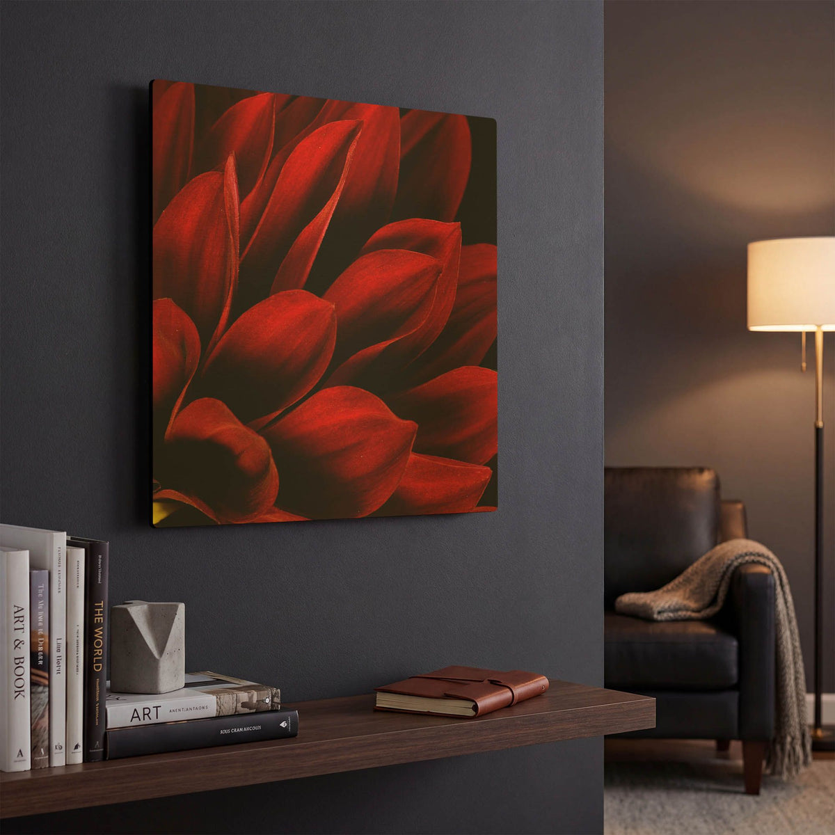 'Red Dahlia Close up' By Tom Quartermaine Gold Metal Wall Art