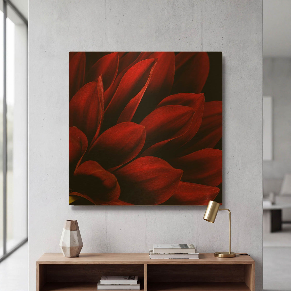 'Red Dahlia Close up' By Tom Quartermaine Gold Metal Wall Art