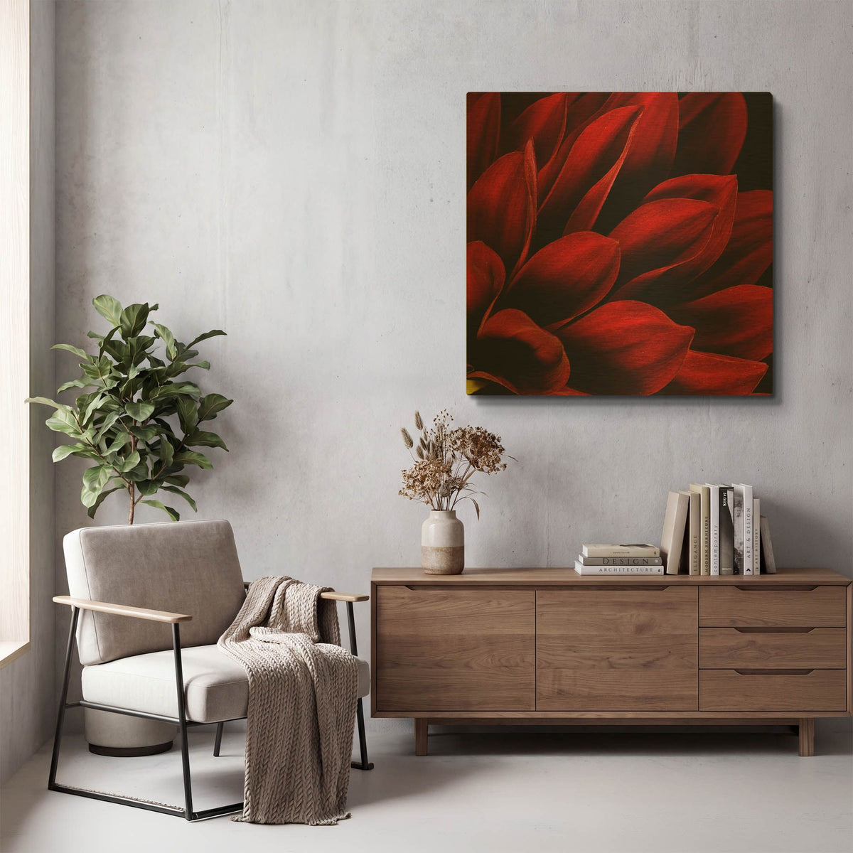 'Red Dahlia Close up' By Tom Quartermaine Gold Metal Wall Art