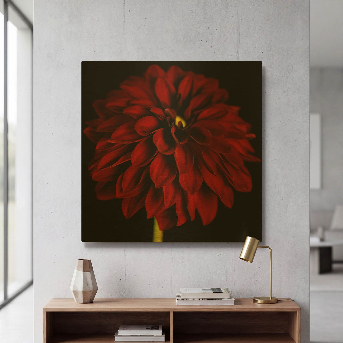 'Red Dahlia on Black 01' By Tom Quartermaine Gold Metal Wall Art
