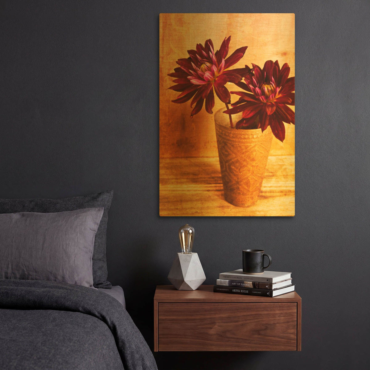 'Red Dahlias in a Copper Vase' By Tom Quartermaine Gold Metal Wall Art