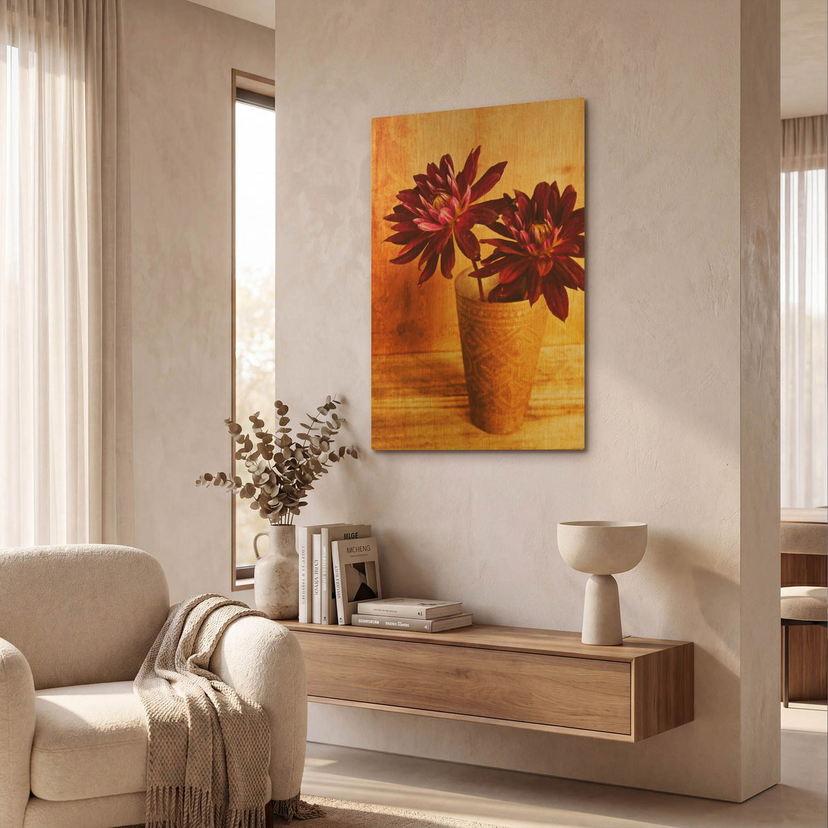 'Red Dahlias in a Copper Vase' By Tom Quartermaine Gold Metal Wall Art