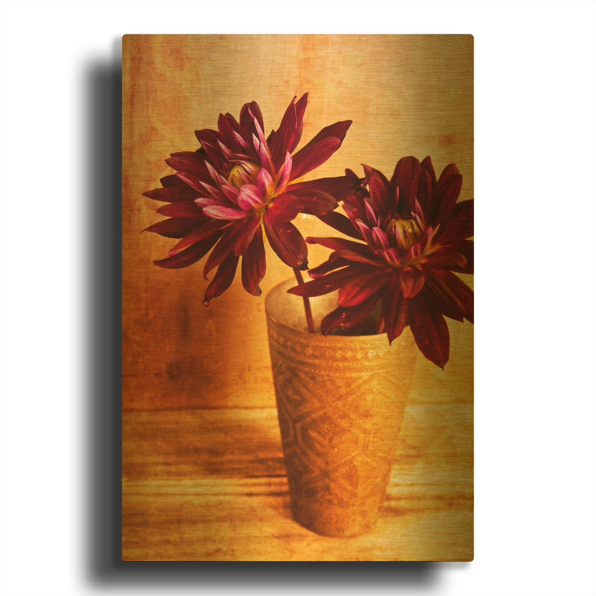 'Red Dahlias in a Copper Vase' By Tom Quartermaine Gold Metal Wall Art