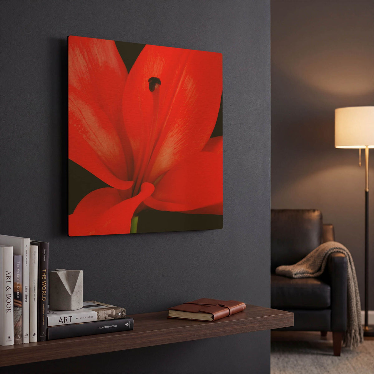 'Red Flower on Black 03' By Tom Quartermaine Gold Metal Wall Art