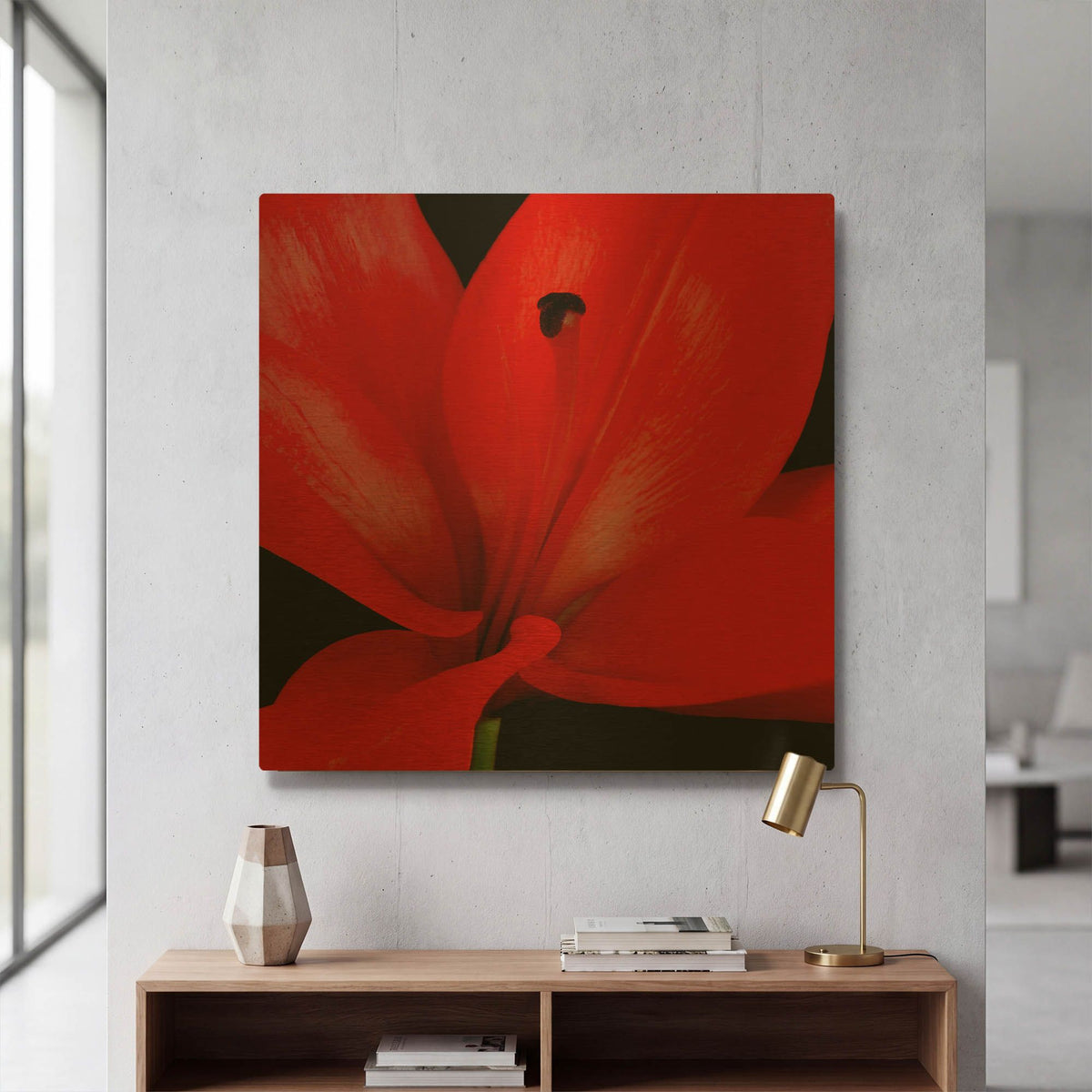 'Red Flower on Black 03' By Tom Quartermaine Gold Metal Wall Art