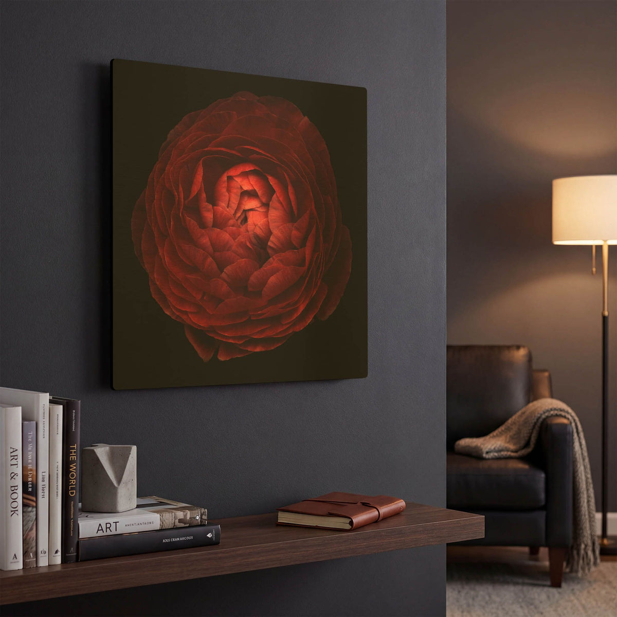 'Red Flower on Black 05' By Tom Quartermaine Gold Metal Wall Art