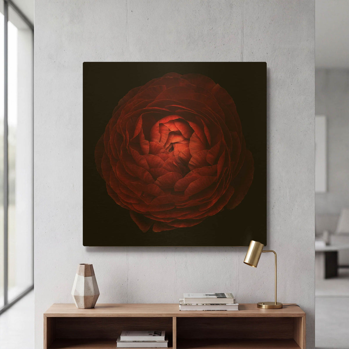 'Red Flower on Black 05' By Tom Quartermaine Gold Metal Wall Art