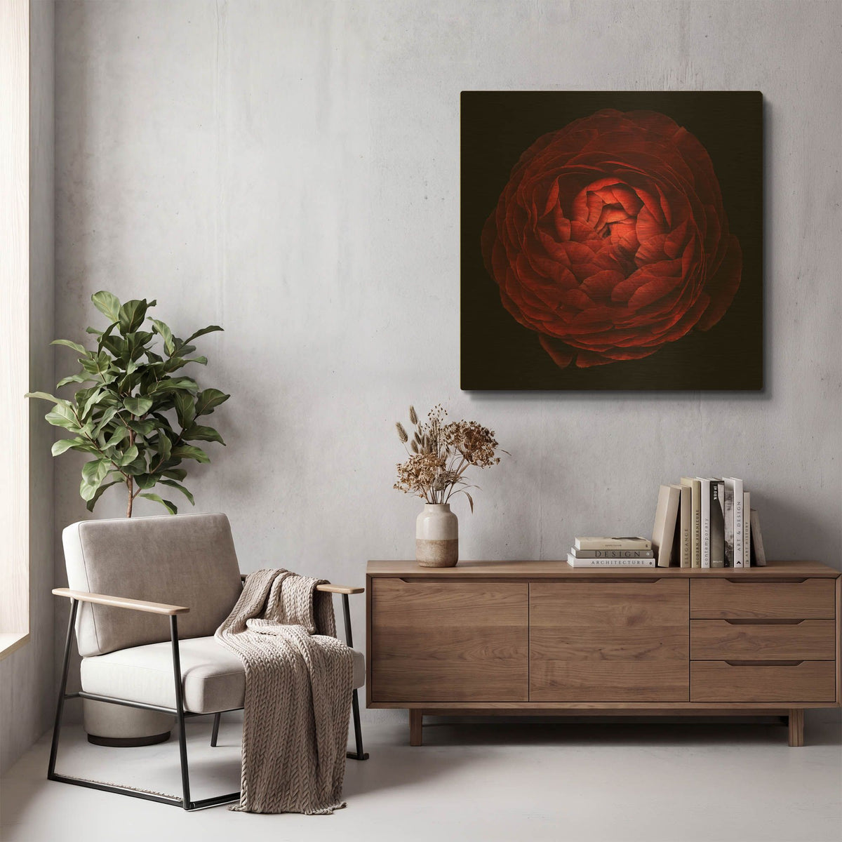 'Red Flower on Black 05' By Tom Quartermaine Gold Metal Wall Art