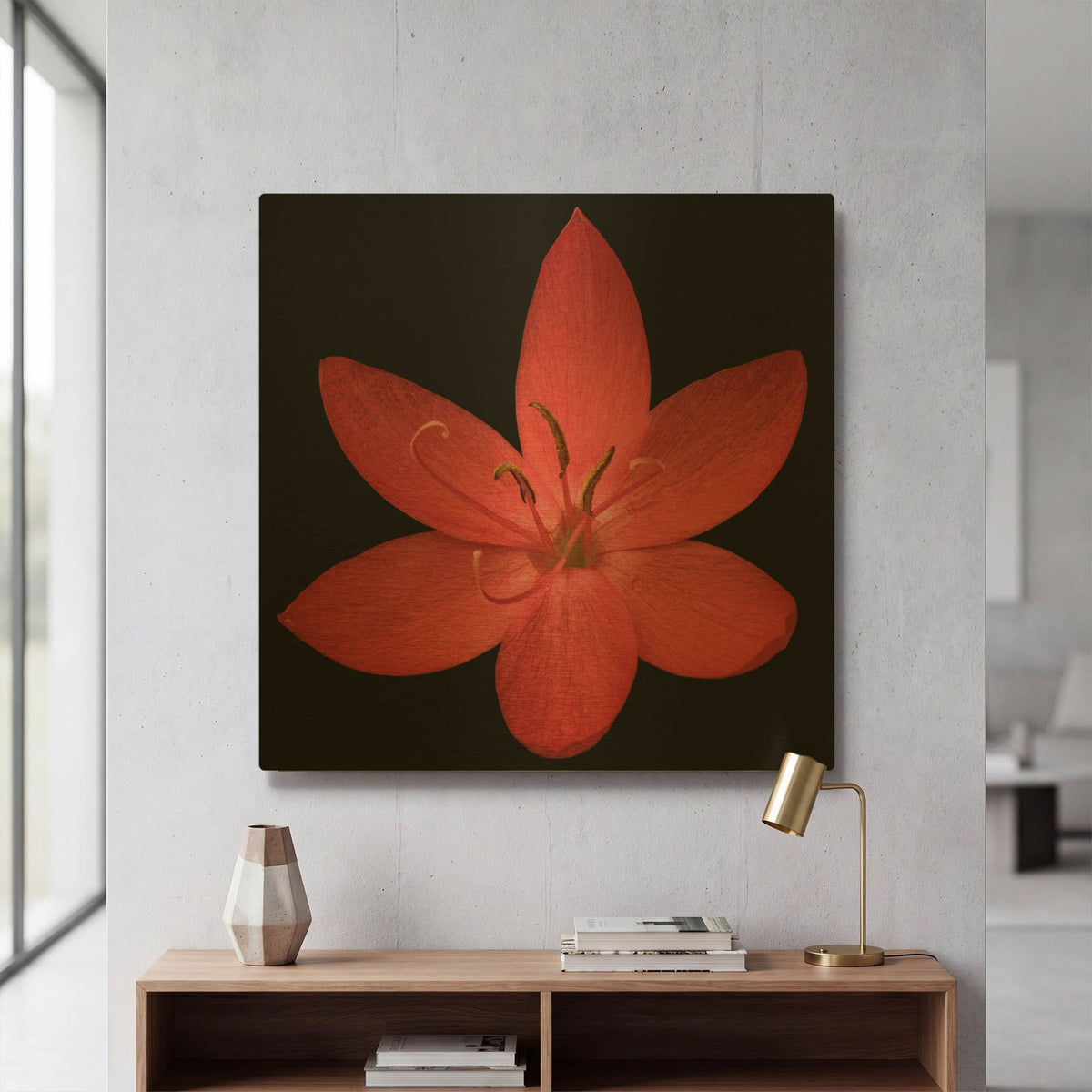 'Red Flower on Black 06' By Tom Quartermaine Gold Metal Wall Art