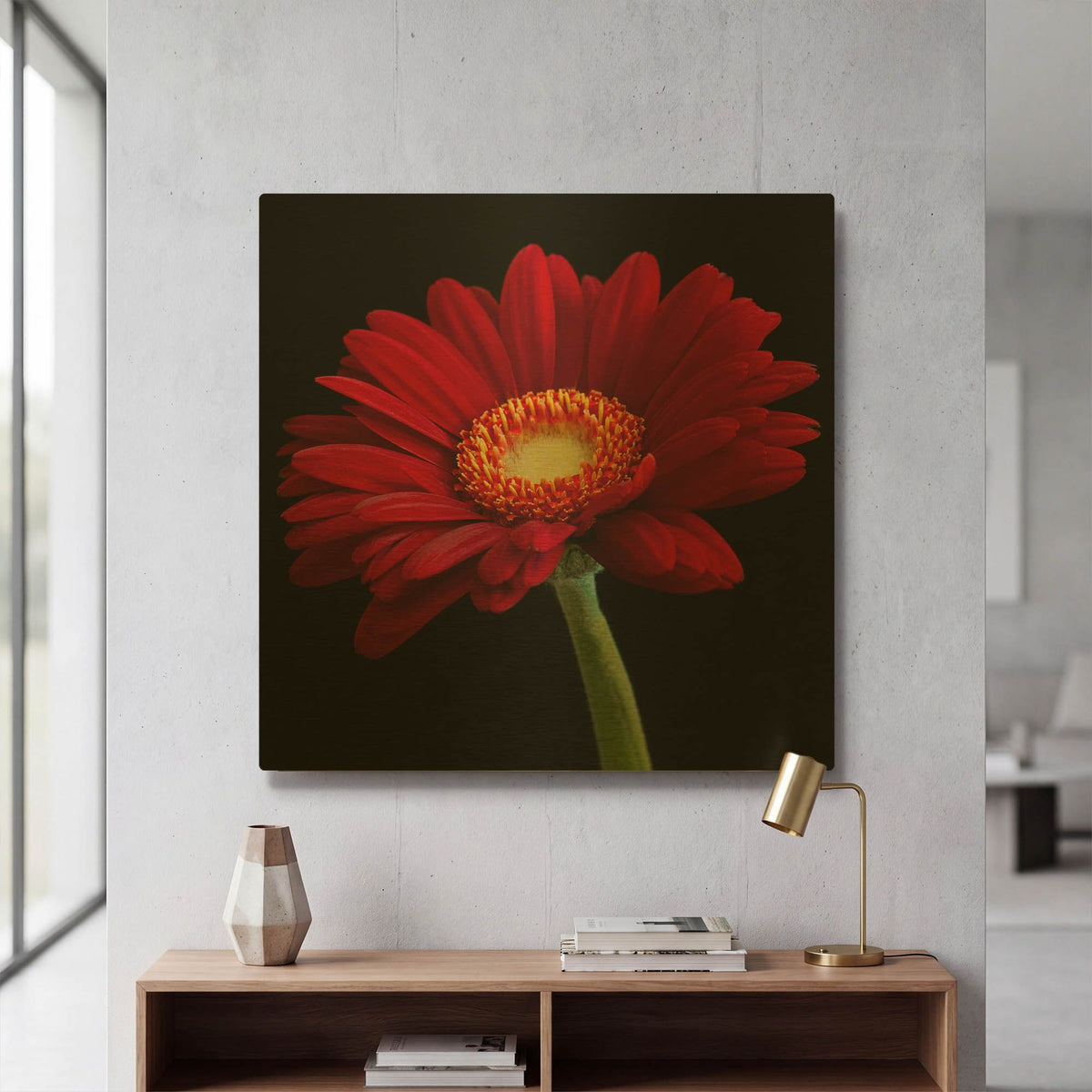 'Red Gerbera on Black 01' By Tom Quartermaine Gold Metal Wall Art