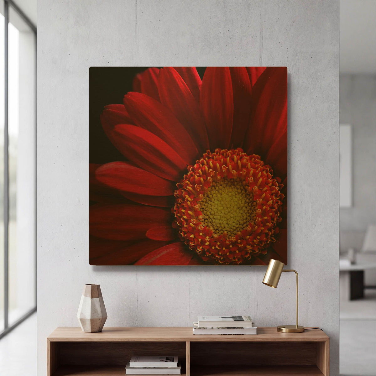 'Red Gerbera on Black 02' By Tom Quartermaine Gold Metal Wall Art