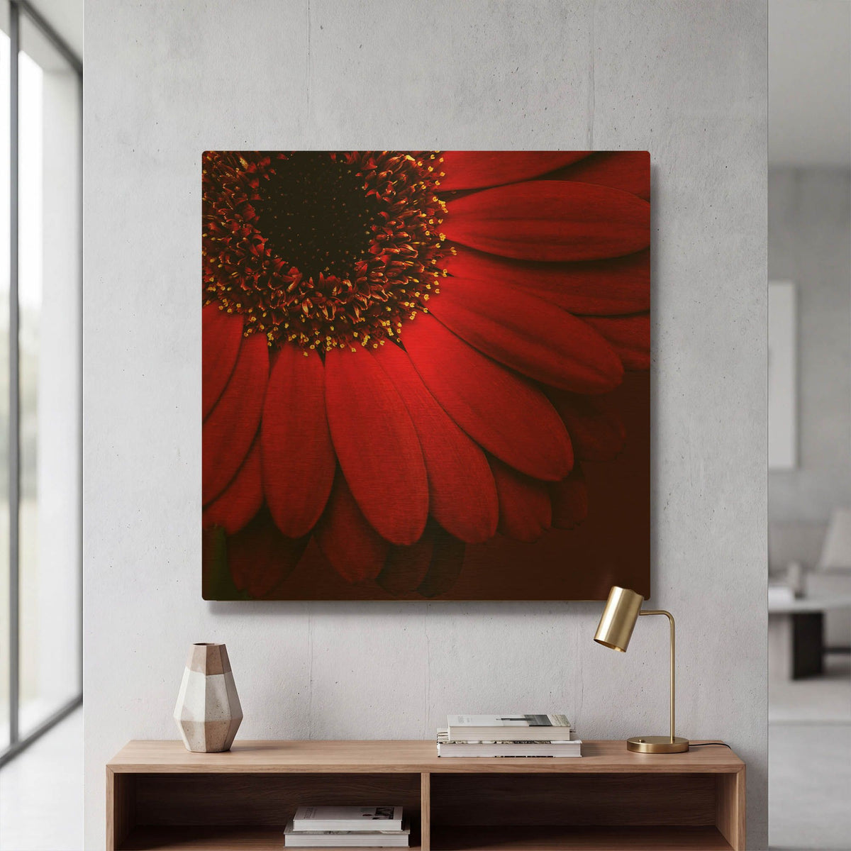 'Red Gerbera on Red 01' By Tom Quartermaine Gold Metal Wall Art
