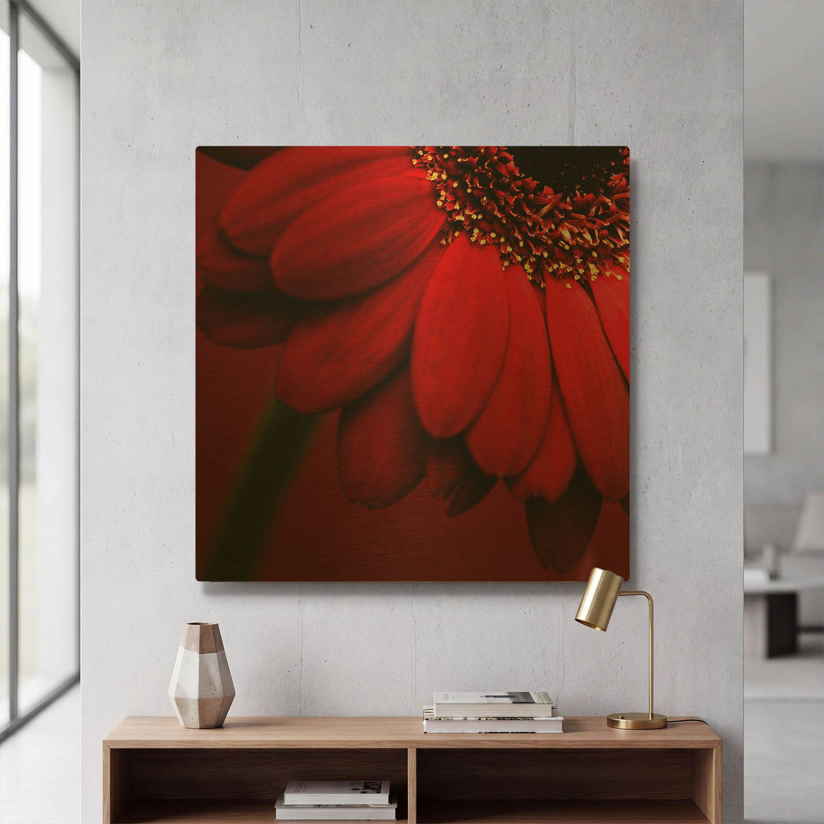 'Red Gerbera on Red 02' By Tom Quartermaine Gold Metal Wall Art