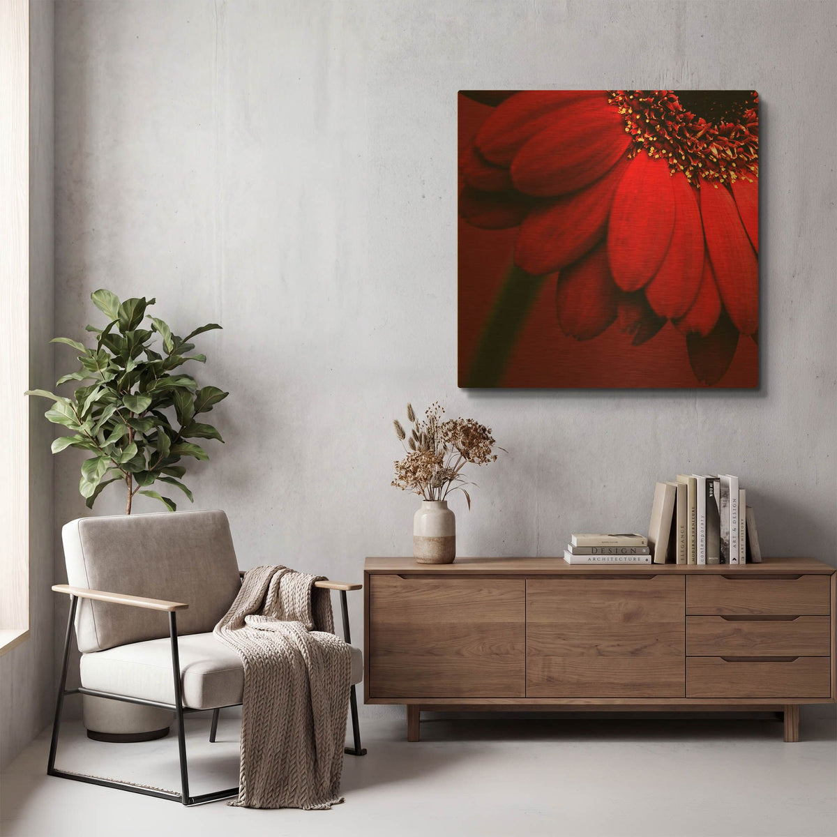 'Red Gerbera on Red 02' By Tom Quartermaine Gold Metal Wall Art