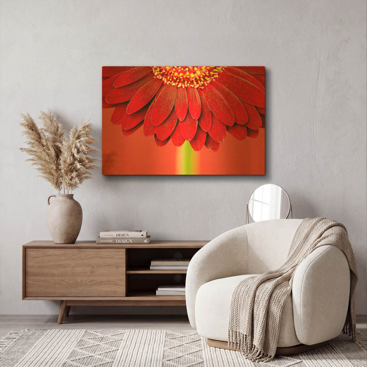 'Red Gerbera on Red 04' By Tom Quartermaine Gold Metal Wall Art