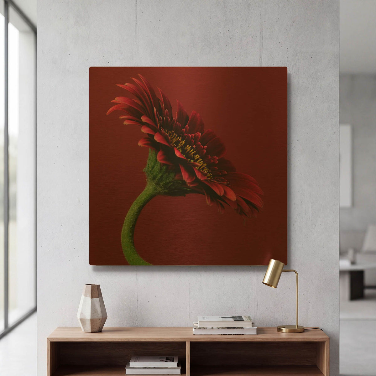 'Red Gerbera on Red 05' By Tom Quartermaine Gold Metal Wall Art