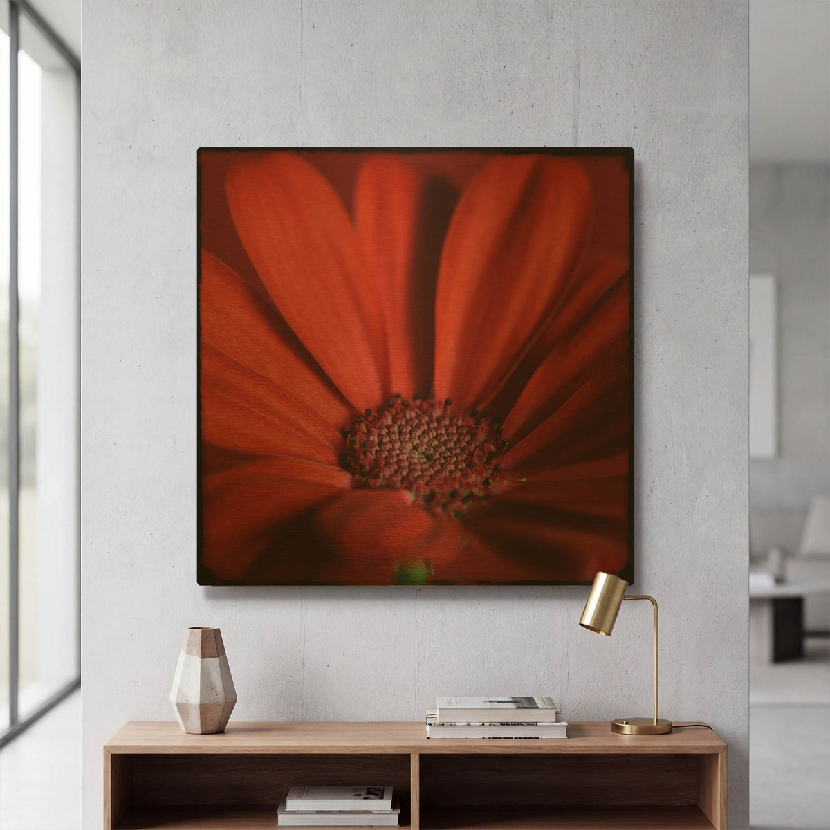 'Red Gerbera on Red 06' By Tom Quartermaine Gold Metal Wall Art