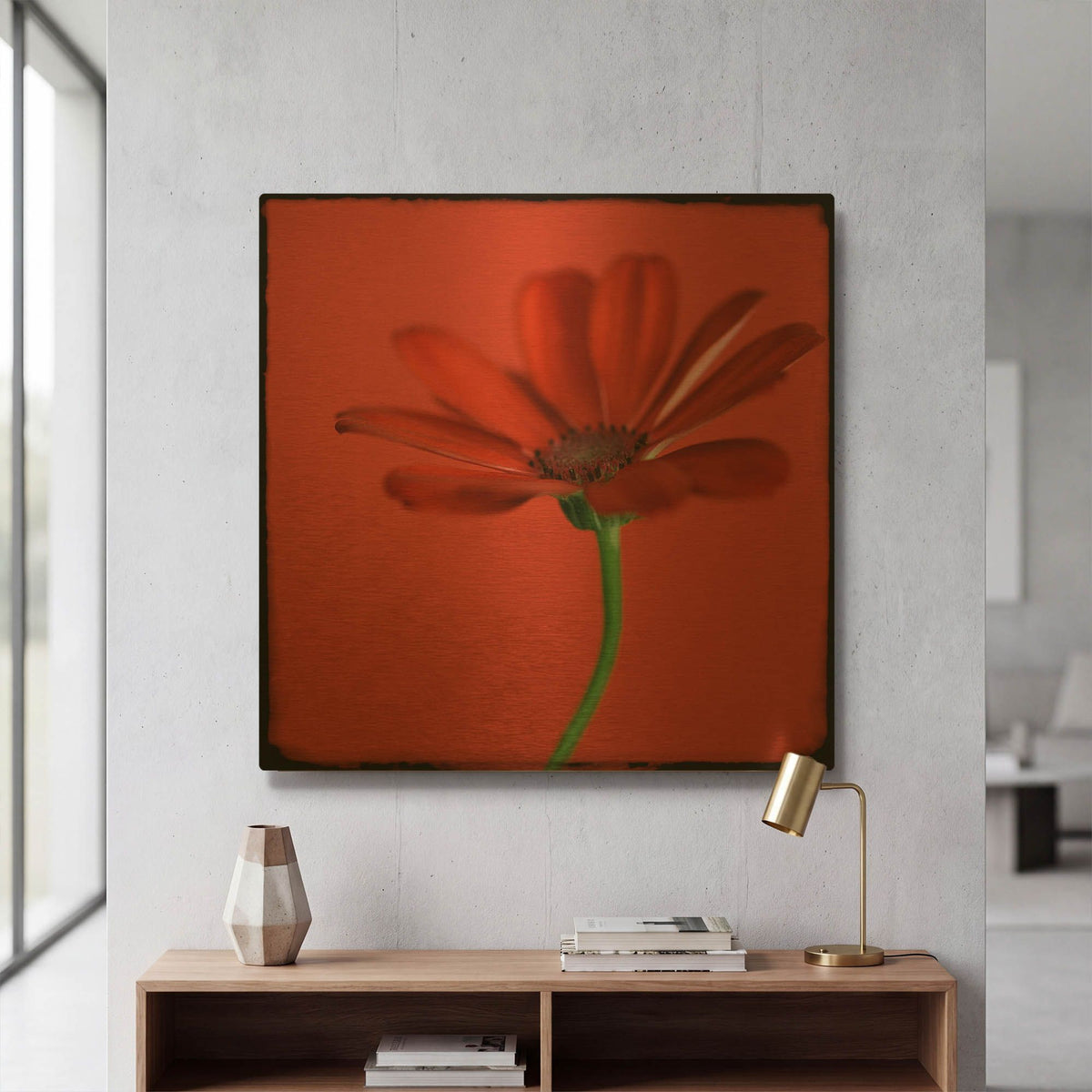'Red Gerbera on Red 07' By Tom Quartermaine Gold Metal Wall Art