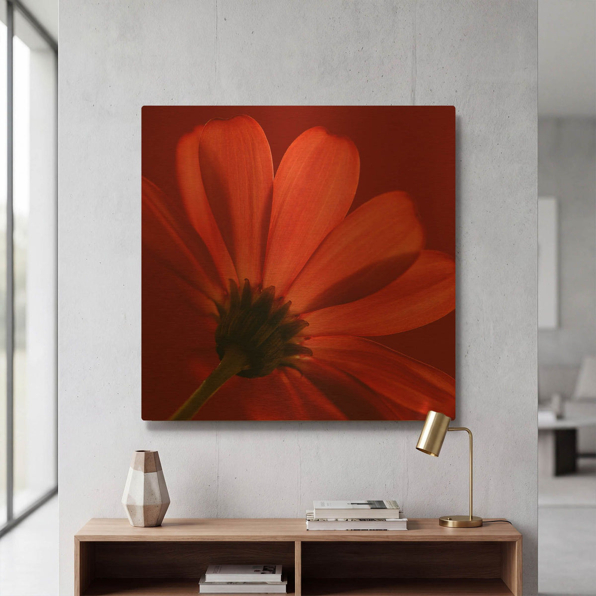 'Red Gerbera on Red 08' By Tom Quartermaine Gold Metal Wall Art