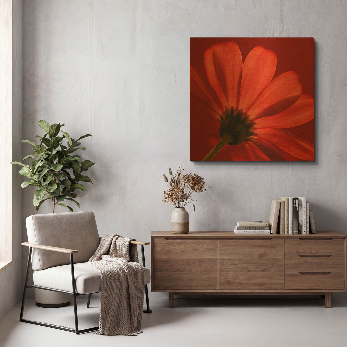 'Red Gerbera on Red 08' By Tom Quartermaine Gold Metal Wall Art