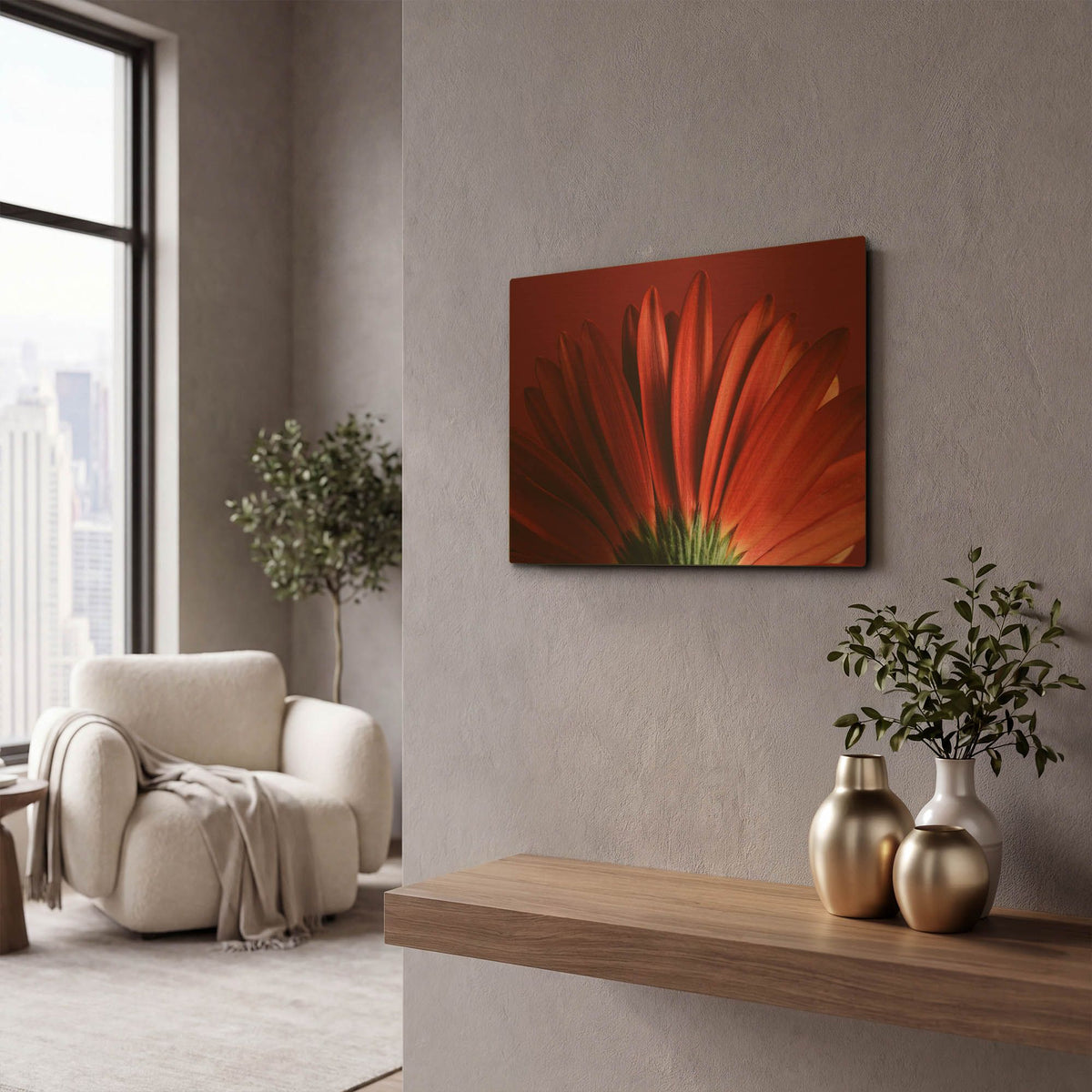 'Red Gerbera on Red 09' By Tom Quartermaine Gold Metal Wall Art
