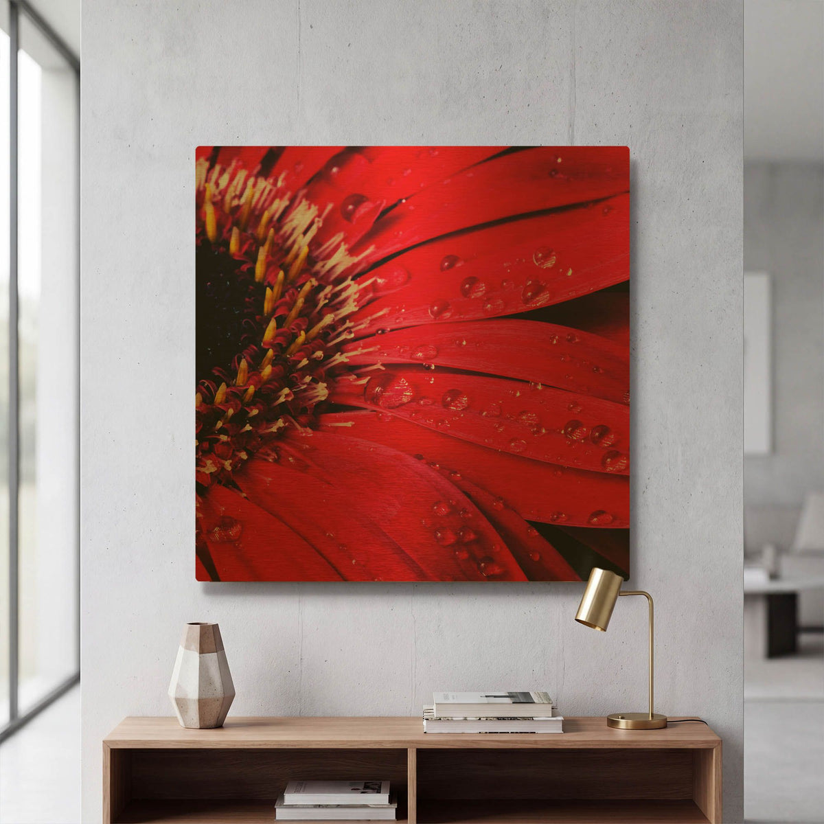 'Red Gerbera with Waterdrops 02' By Tom Quartermaine Gold Metal Wall Art