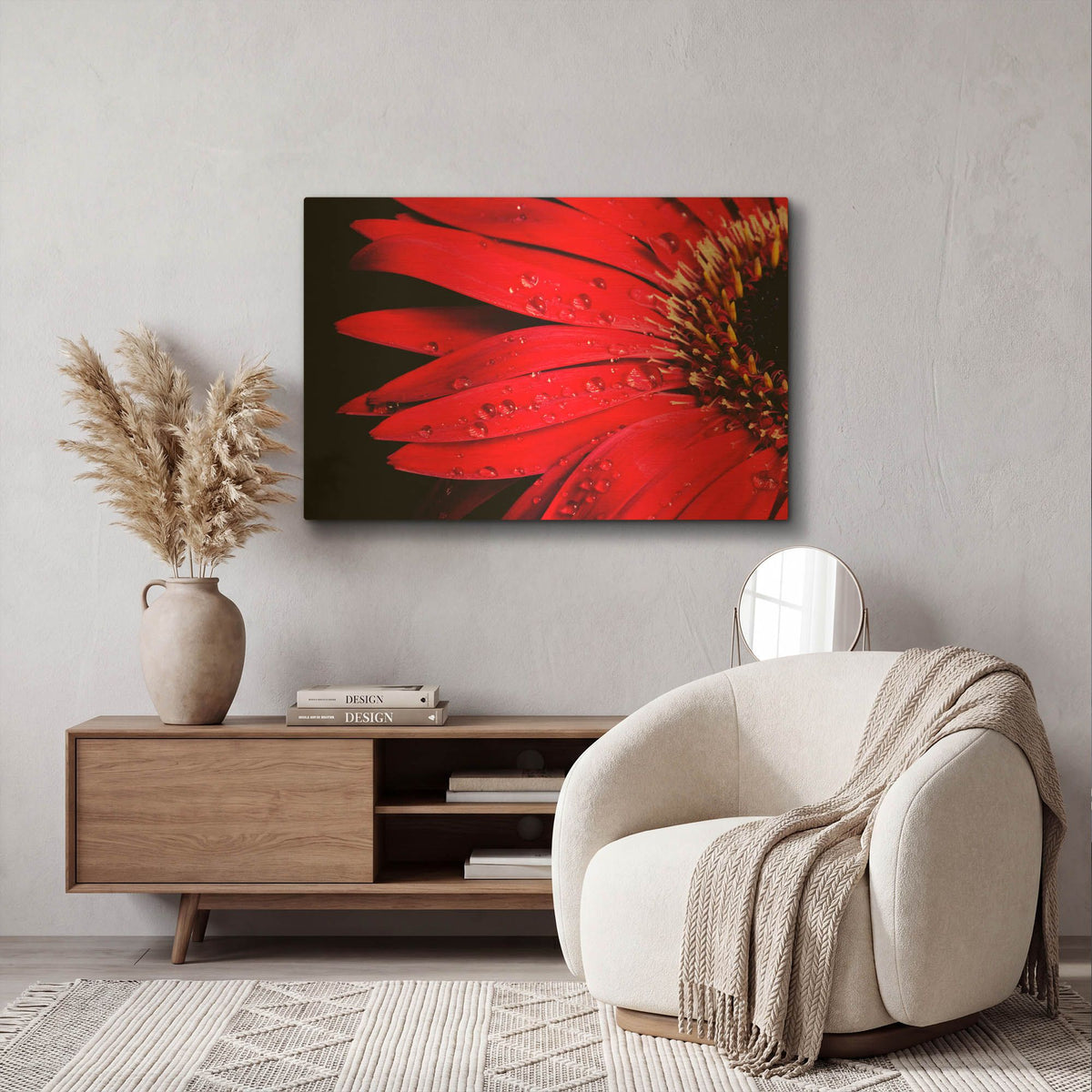 'Red Gerbera with Waterdrops 03' By Tom Quartermaine Gold Metal Wall Art