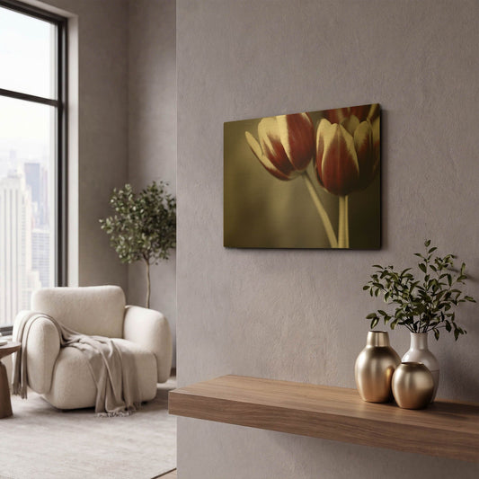 'Red Tulips On Grey 01' By Tom Quartermaine Gold Metal Wall Art