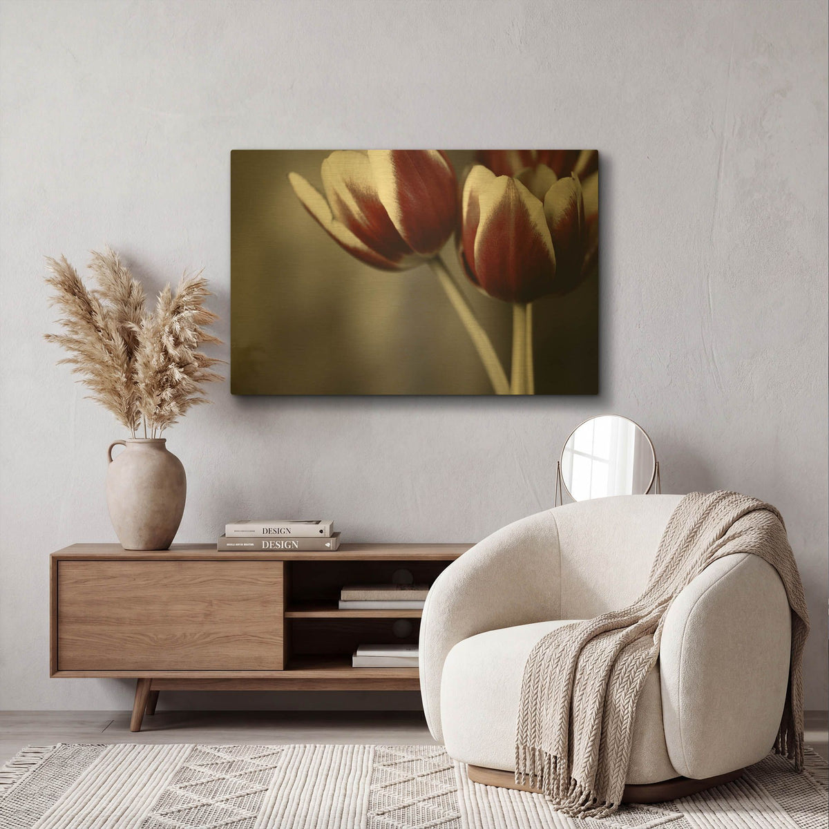 'Red Tulips On Grey 01' By Tom Quartermaine Gold Metal Wall Art