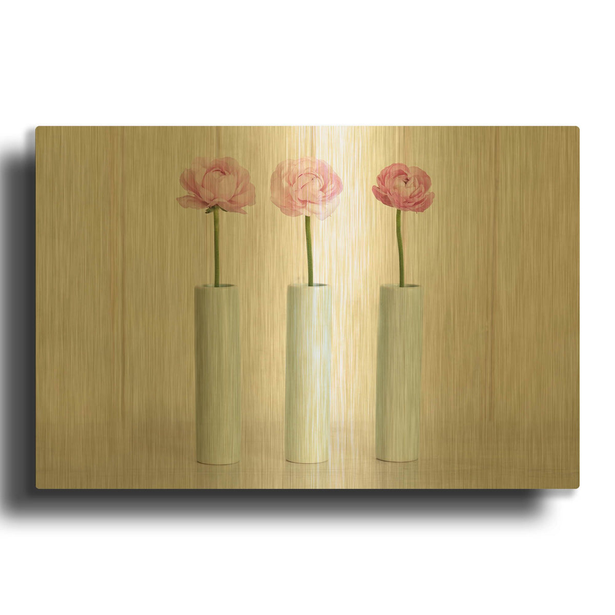 'Row Of 3 Pink Flowers In Blue Vases' By Tom Quartermaine Gold Metal Wall Art