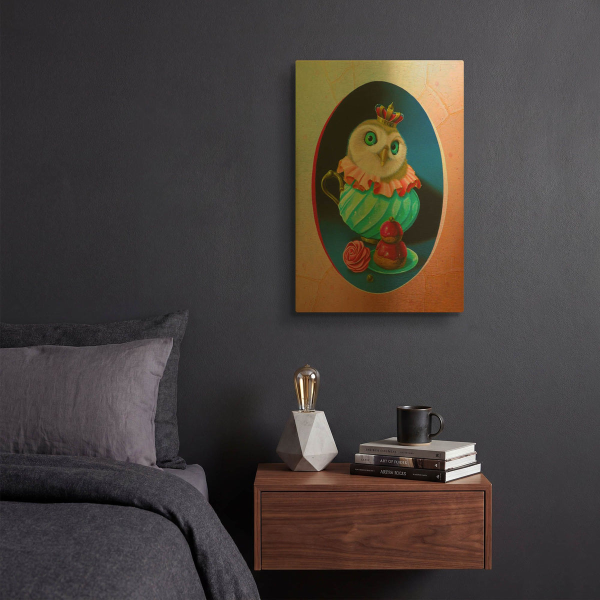 'The Owl With Celadon Mug' By Valery Vecu Quitard Gold Metal Wall Art