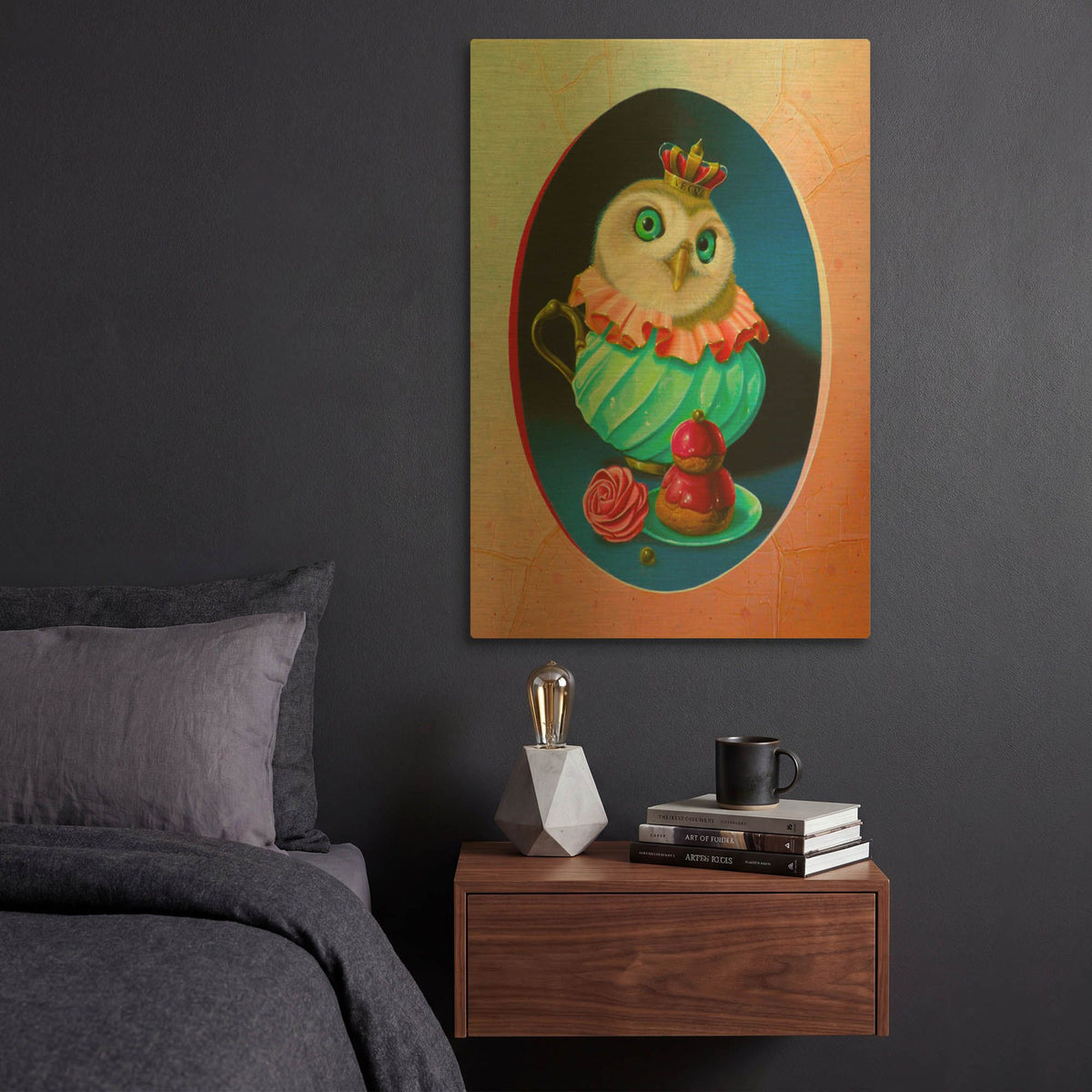 'The Owl With Celadon Mug' By Valery Vecu Quitard Gold Metal Wall Art