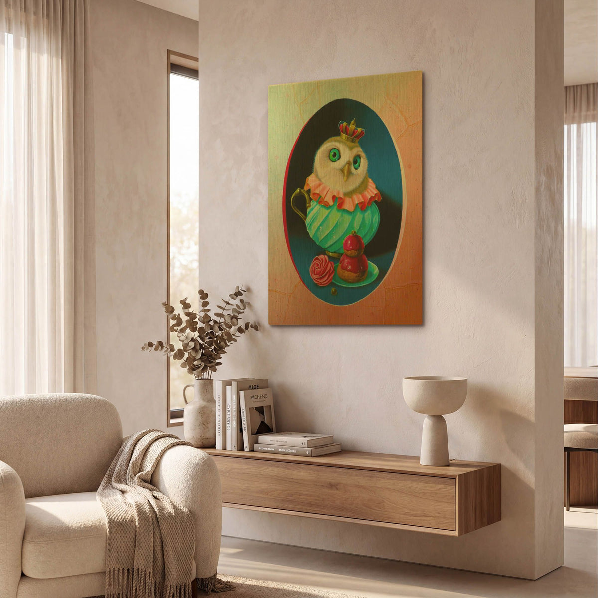 'The Owl With Celadon Mug' By Valery Vecu Quitard Gold Metal Wall Art