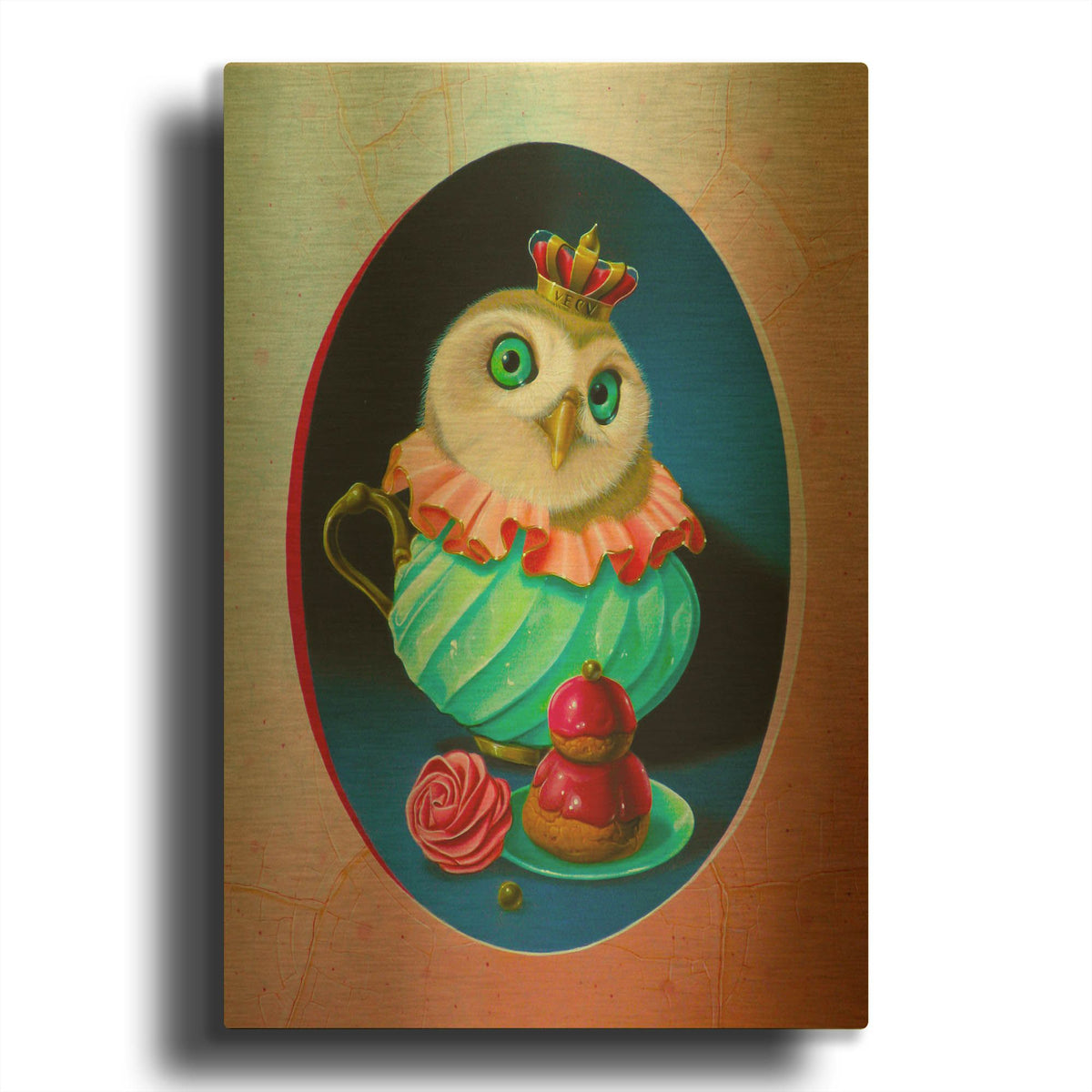 'The Owl With Celadon Mug' By Valery Vecu Quitard Gold Metal Wall Art