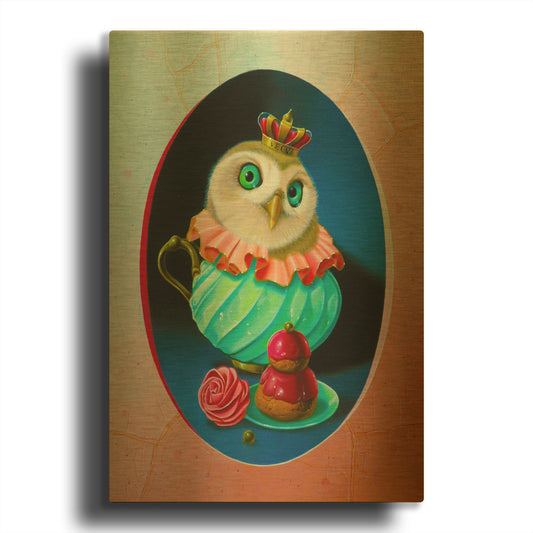 'The Owl With Celadon Mug' By Valery Vecu Quitard Gold Metal Wall Art