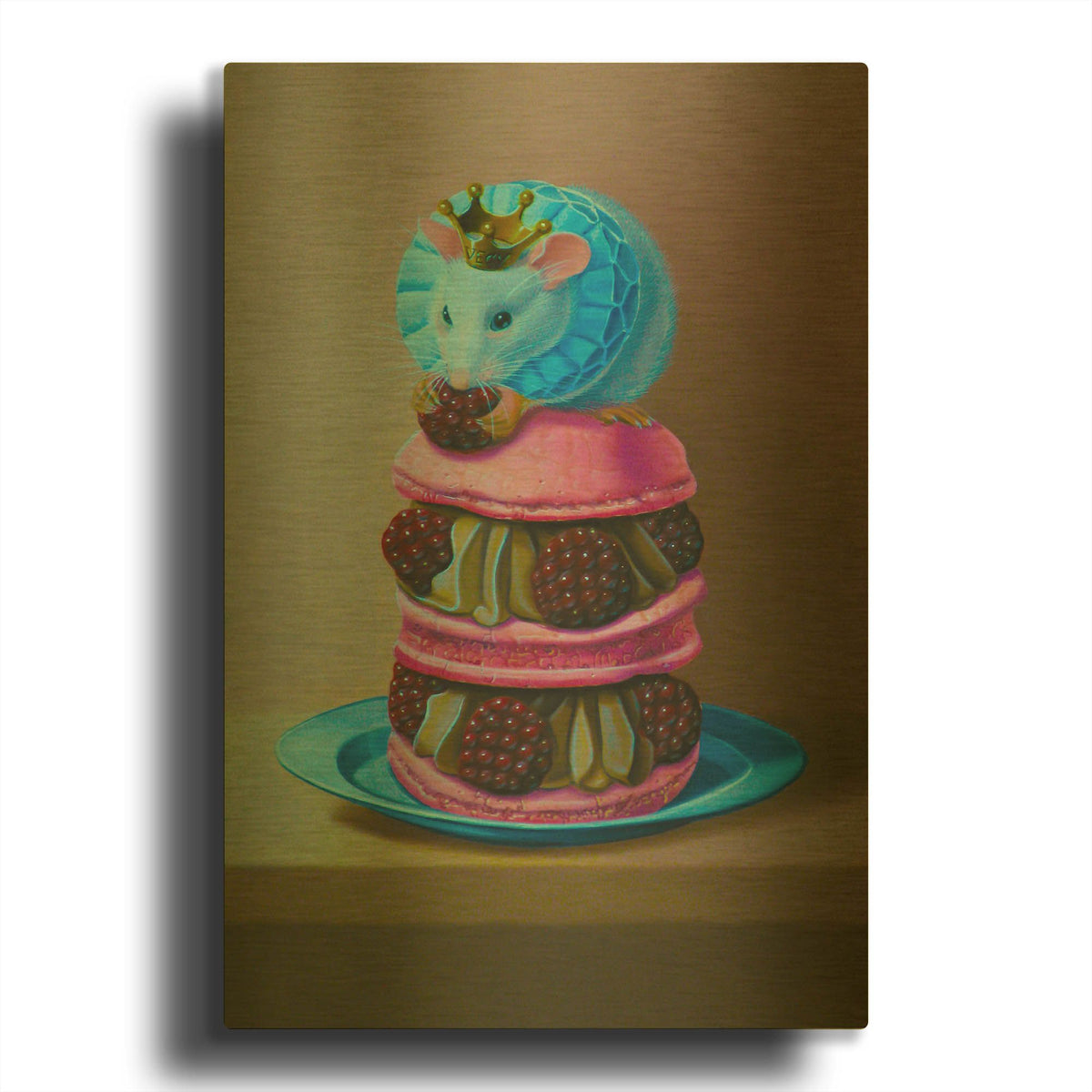 'Mouse And Raspberry Meringue' By Valery Vecu Quitard Gold Metal Wall Art