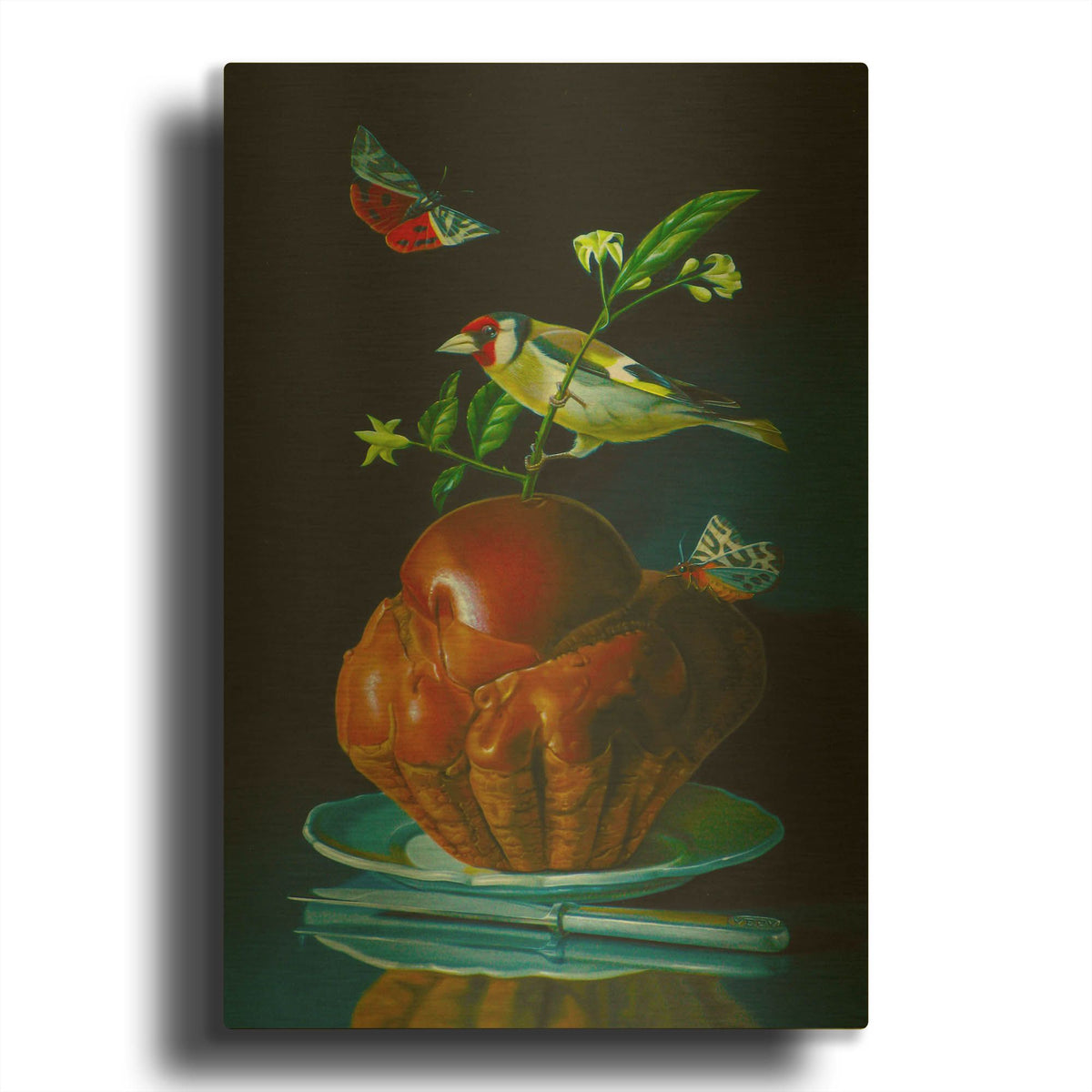 'The Brioche And The Goldfinch' By Valery Vecu Quitard Gold Metal Wall Art