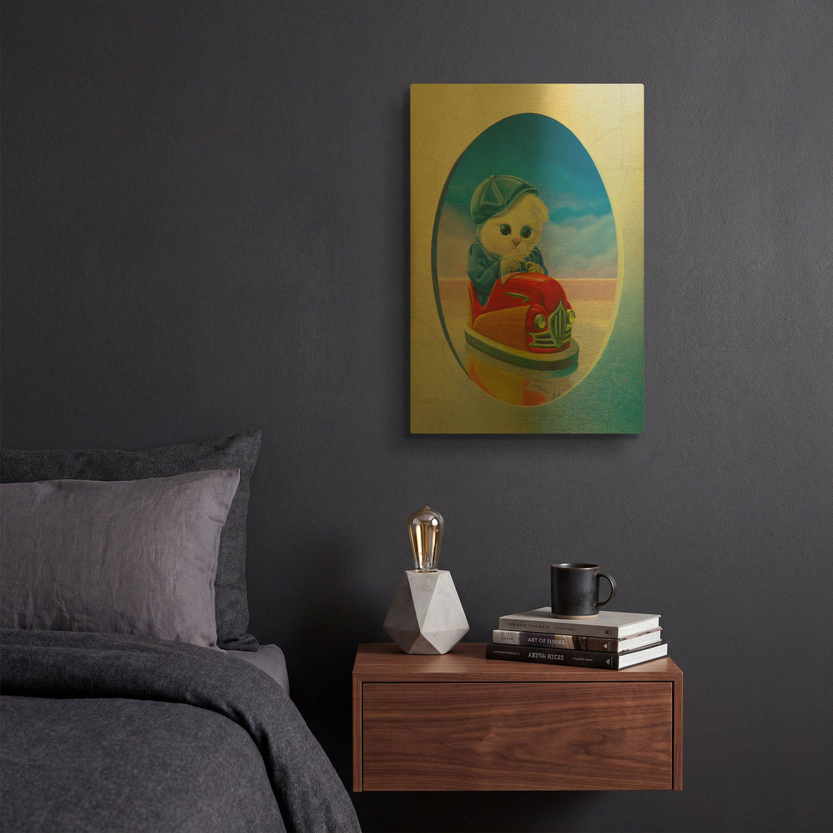 'The Cat With The Bumper Car' By Valery Vecu Quitard Gold Metal Wall Art