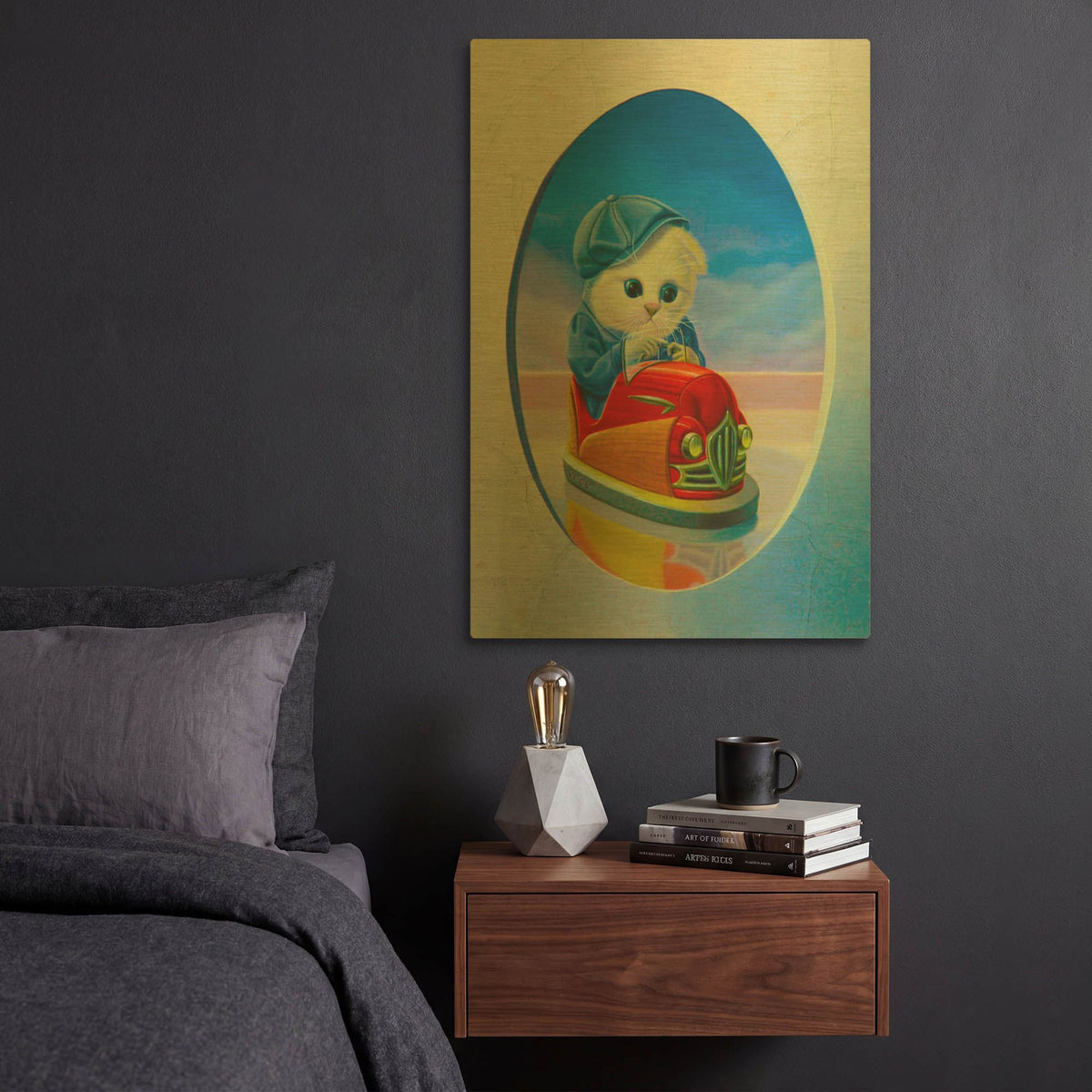 'The Cat With The Bumper Car' By Valery Vecu Quitard Gold Metal Wall Art