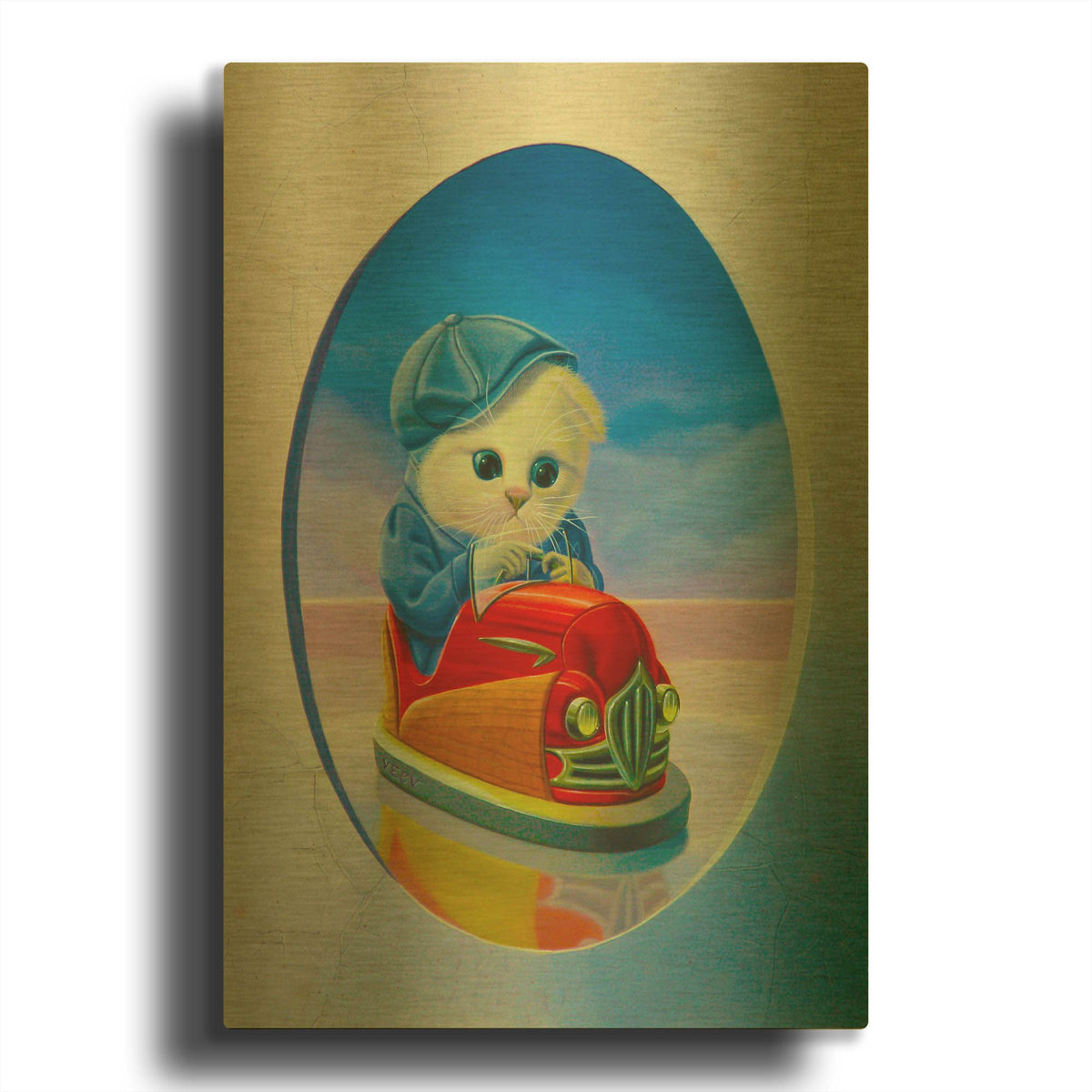'The Cat With The Bumper Car' By Valery Vecu Quitard Gold Metal Wall Art