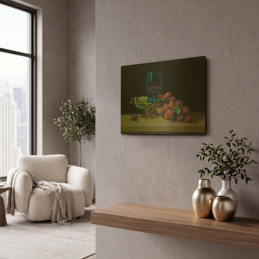 'The Goldfinch And The Glass Of Wine' By Valery Vecu Quitard Gold Metal Wall Art