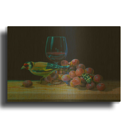 'The Goldfinch And The Glass Of Wine' By Valery Vecu Quitard Gold Metal Wall Art