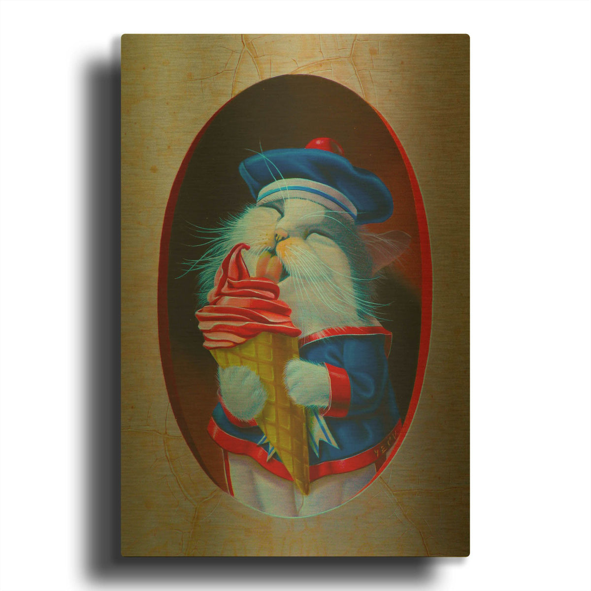 'The Kitten With Ice Cream' By Valery Vecu Quitard Gold Metal Wall Art