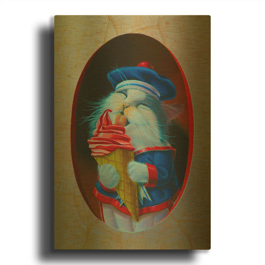 'The Kitten With Ice Cream' By Valery Vecu Quitard Gold Metal Wall Art