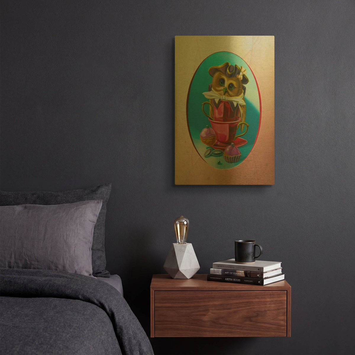 'The Owl With Two Cups' By Valery Vecu Quitard Gold Metal Wall Art