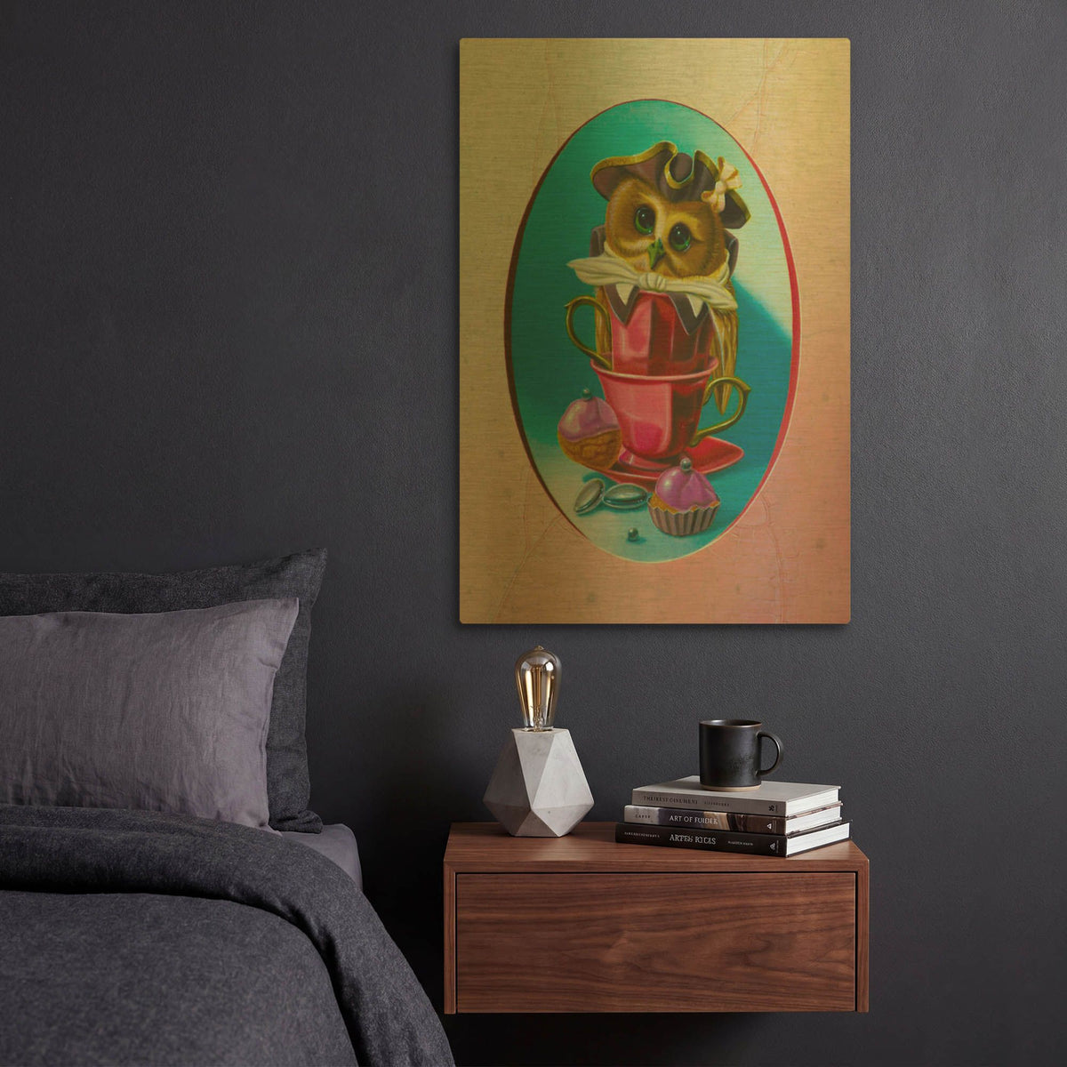 'The Owl With Two Cups' By Valery Vecu Quitard Gold Metal Wall Art